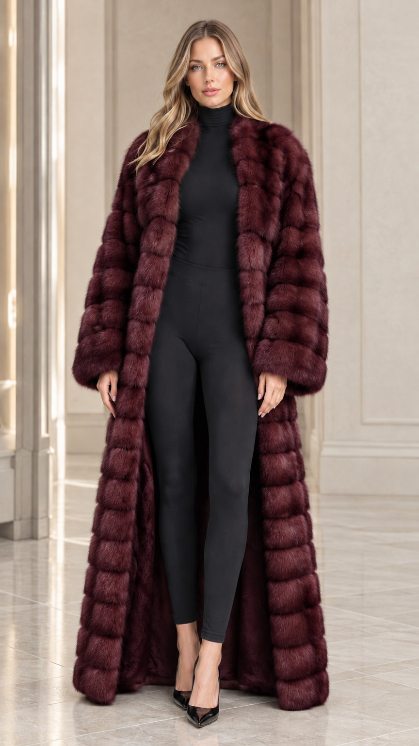 Front view of model wearing deep burgundy full-length plush faux fur maxi coat