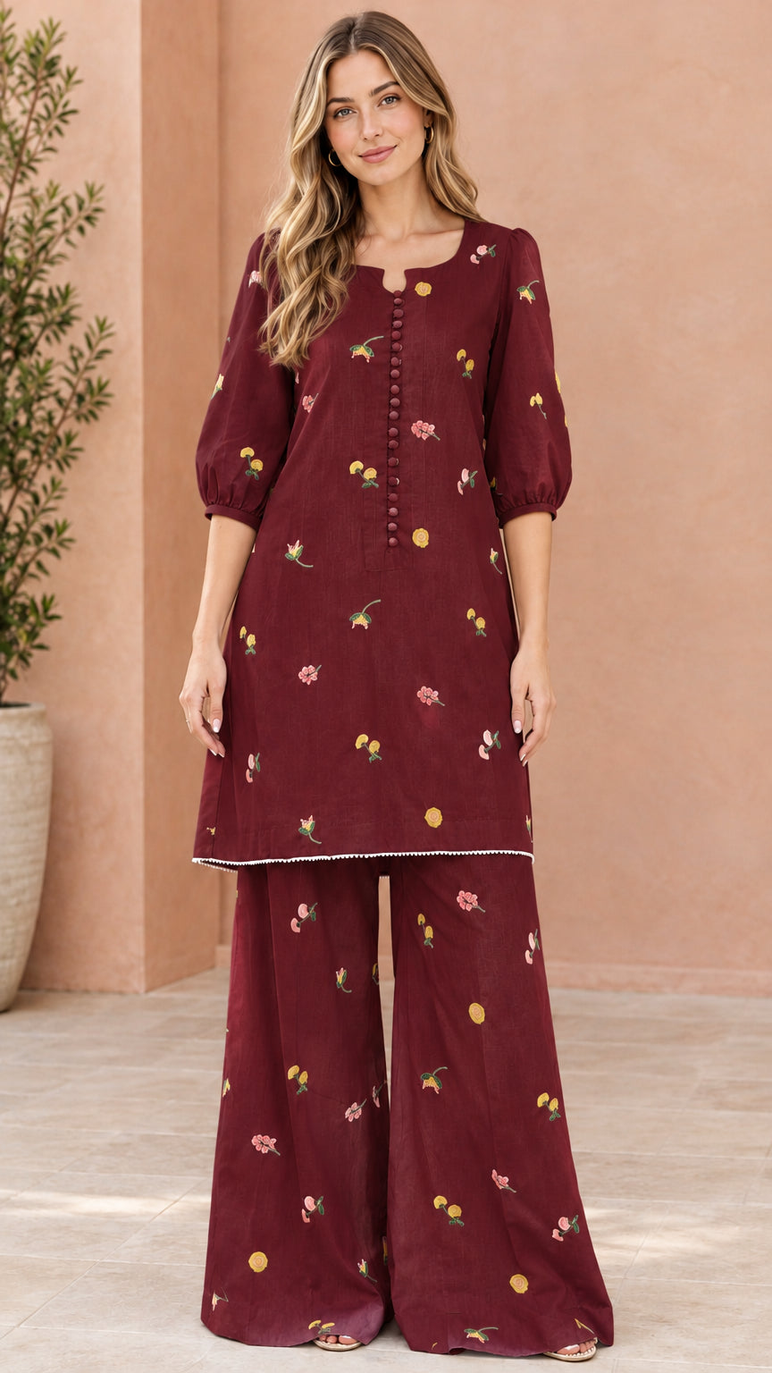 Burgundy floral embroidered two-piece tunic and pants co-ord set