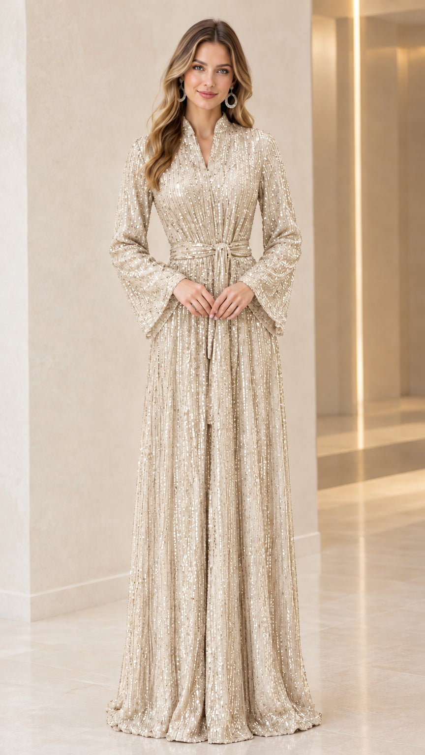 Model wearing champagne gold sequin long bell sleeve maxi dress with tie belt