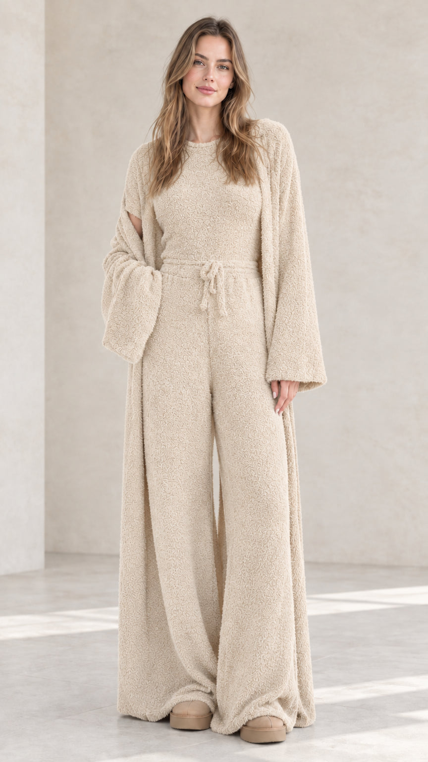 Beige oatmeal textured fuzzy knit 3-piece lounge set