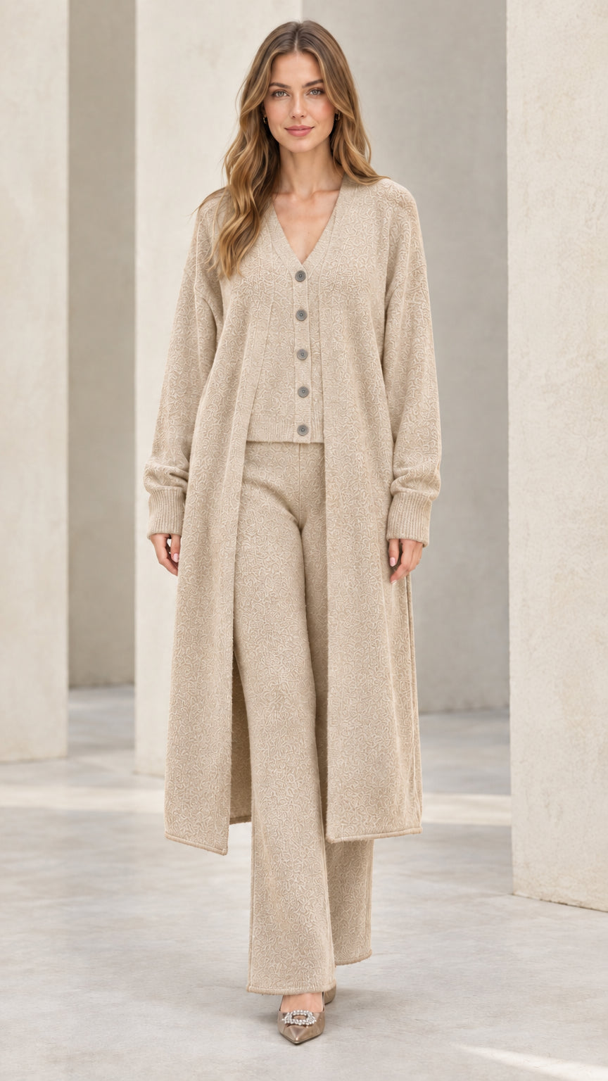 Front full-length view of model wearing beige oatmeal 3-piece knit lounge set