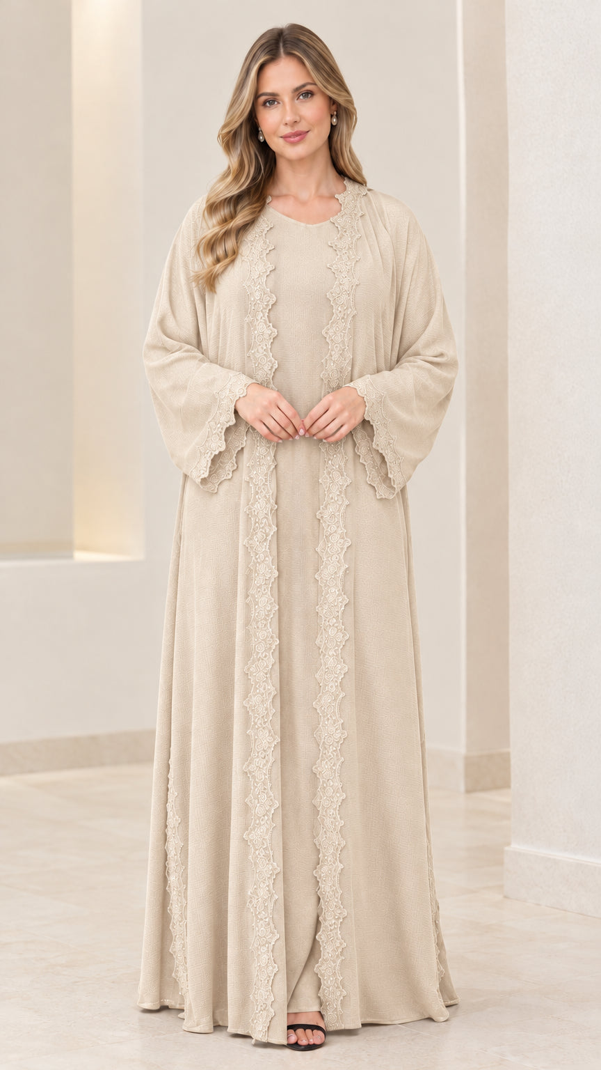 Front view of women's beige cream lace-embellished abaya dress