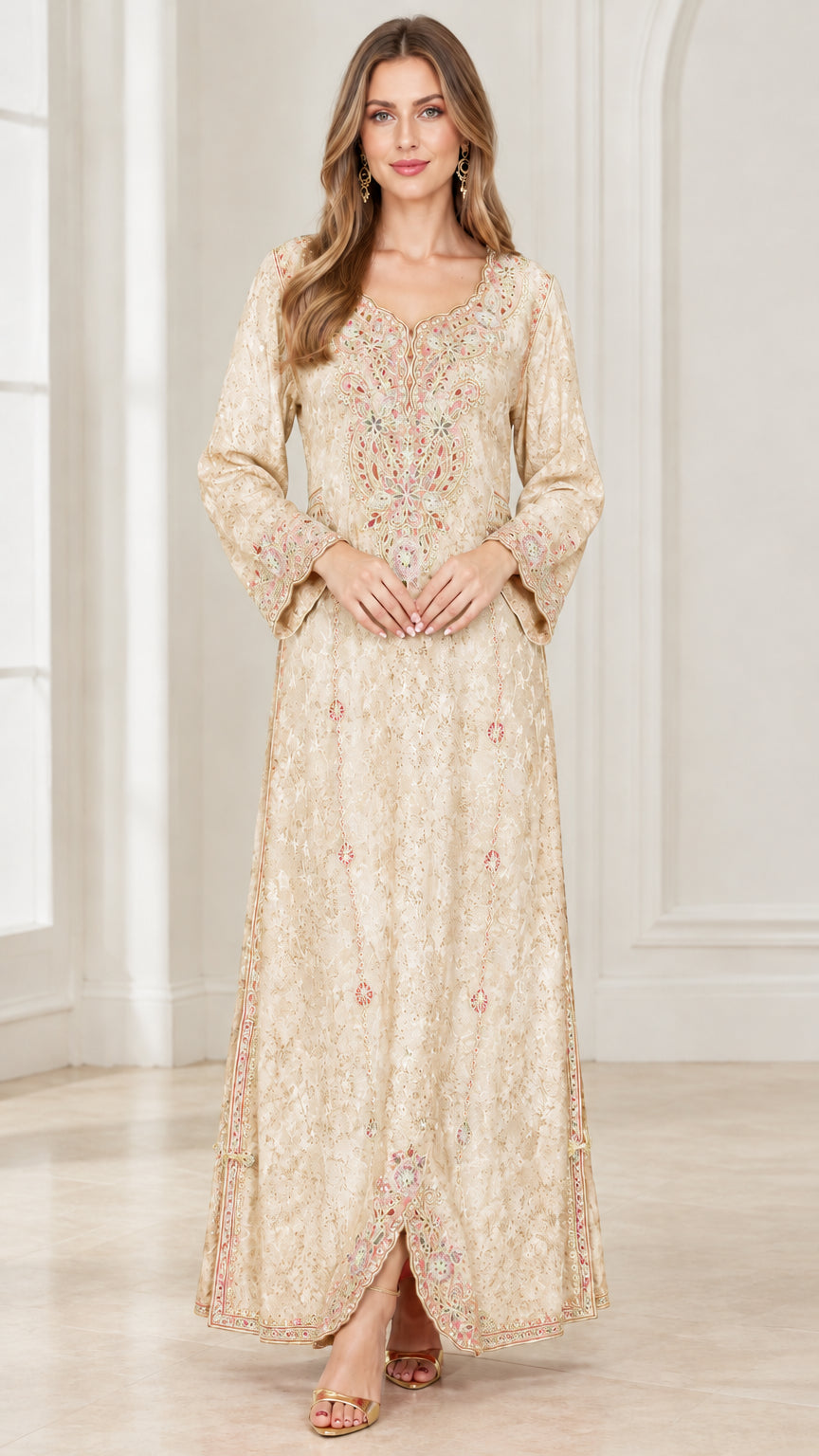 Full-length front view of woman wearing Champagne gold embroidered kaftan dress