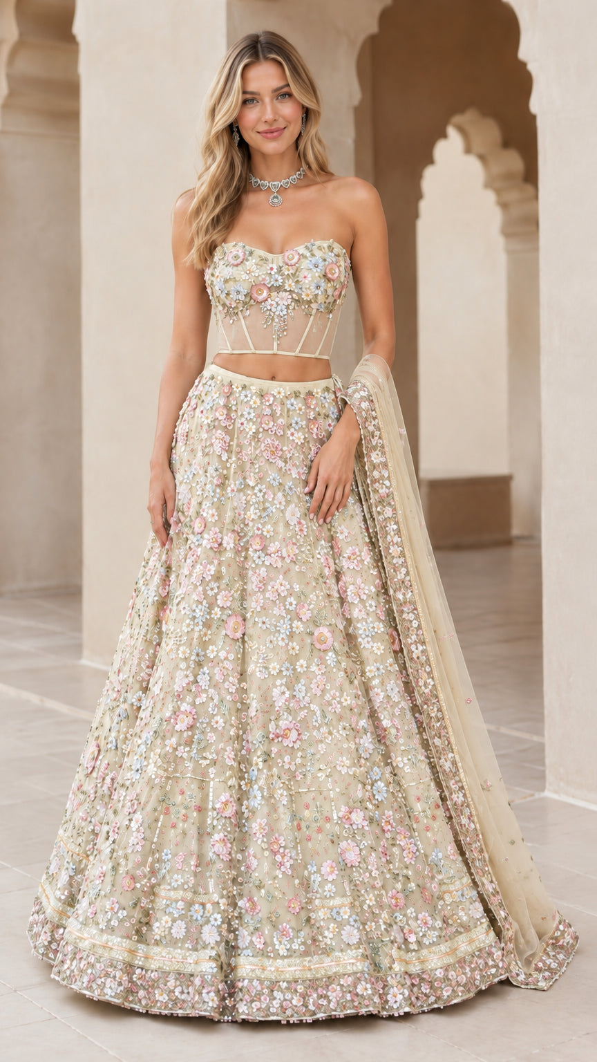 Model wearing champagne gold 3D floral embroidered strapless corset lehenga set