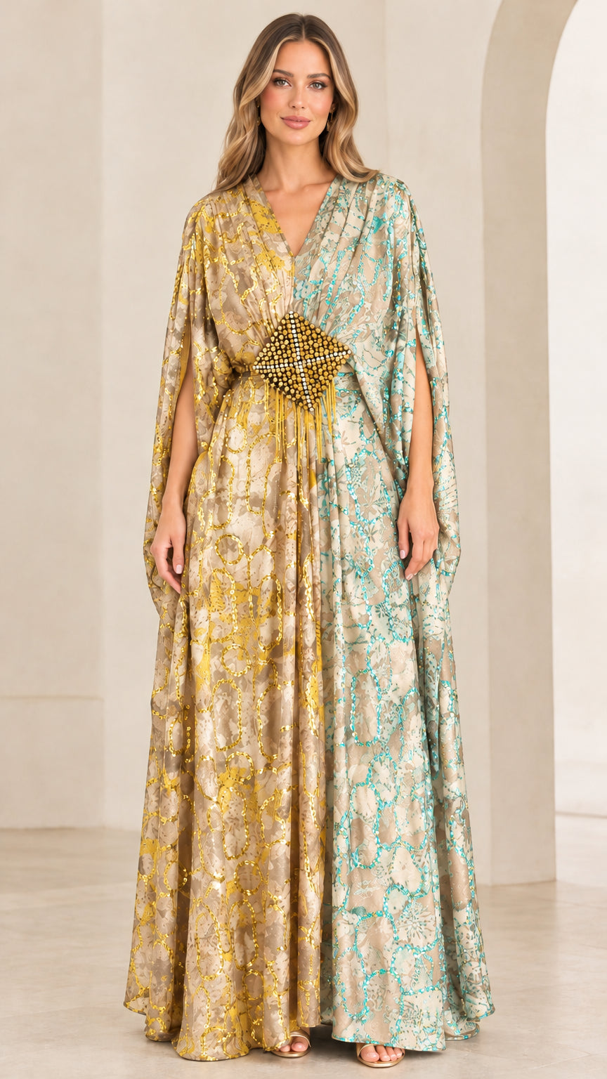 Mint and pale gold flowing maxi cape sleeve kaftan