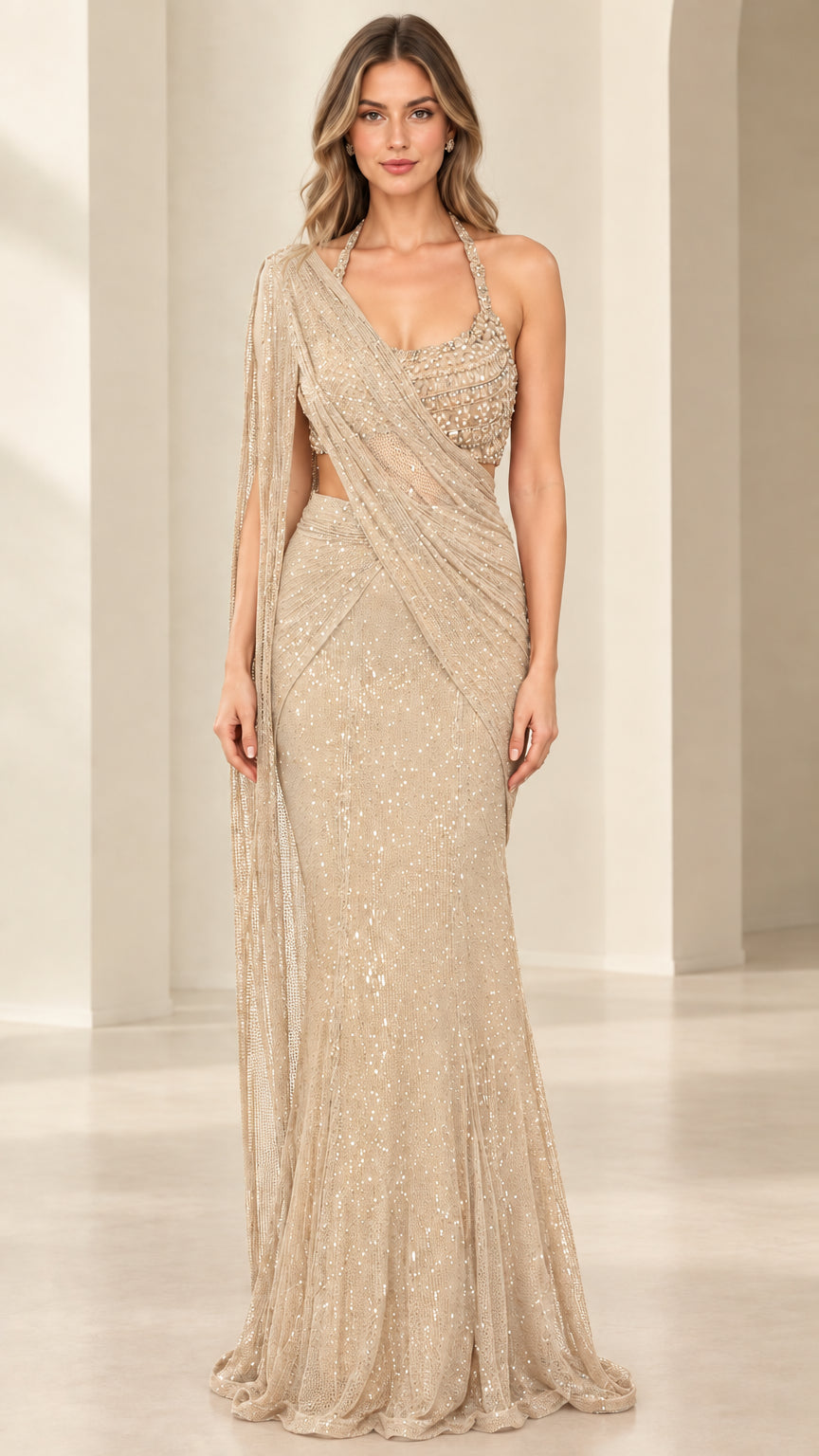 Champagne gold beaded halter neck mermaid evening dress