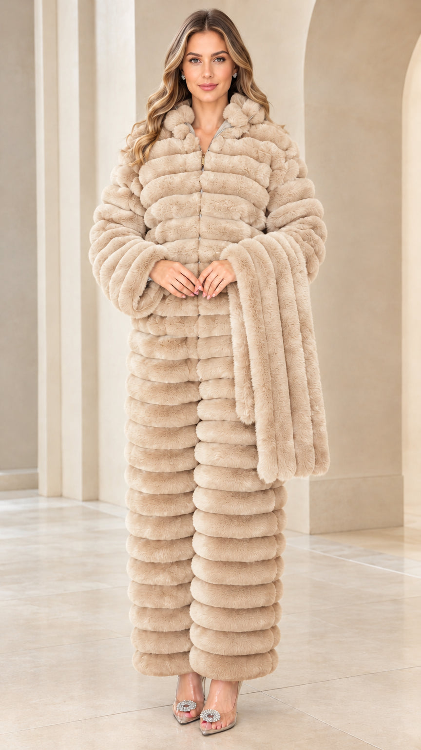 Front view of beige cream ribbed faux fur jumpsuit with matching scarf