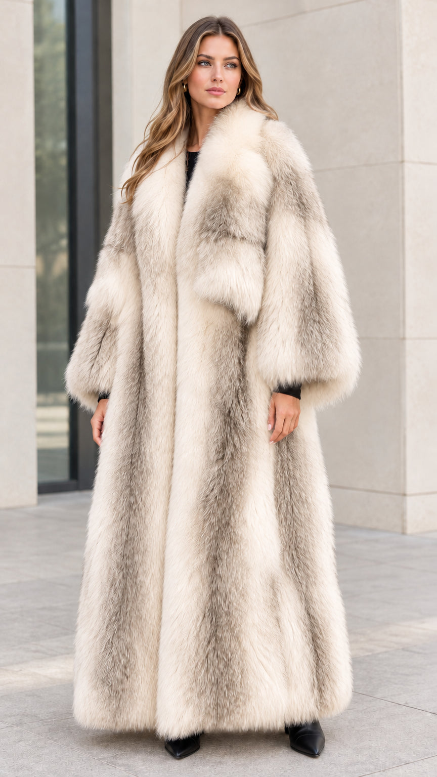 Model wearing Champagne Beige frosted floor-length faux fur maxi coat