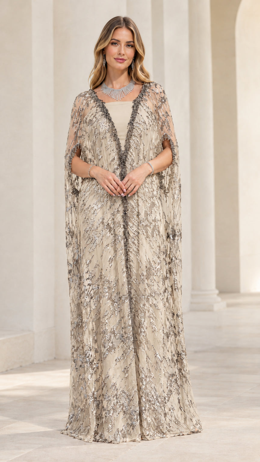 Champagne sequined cape evening gown front view