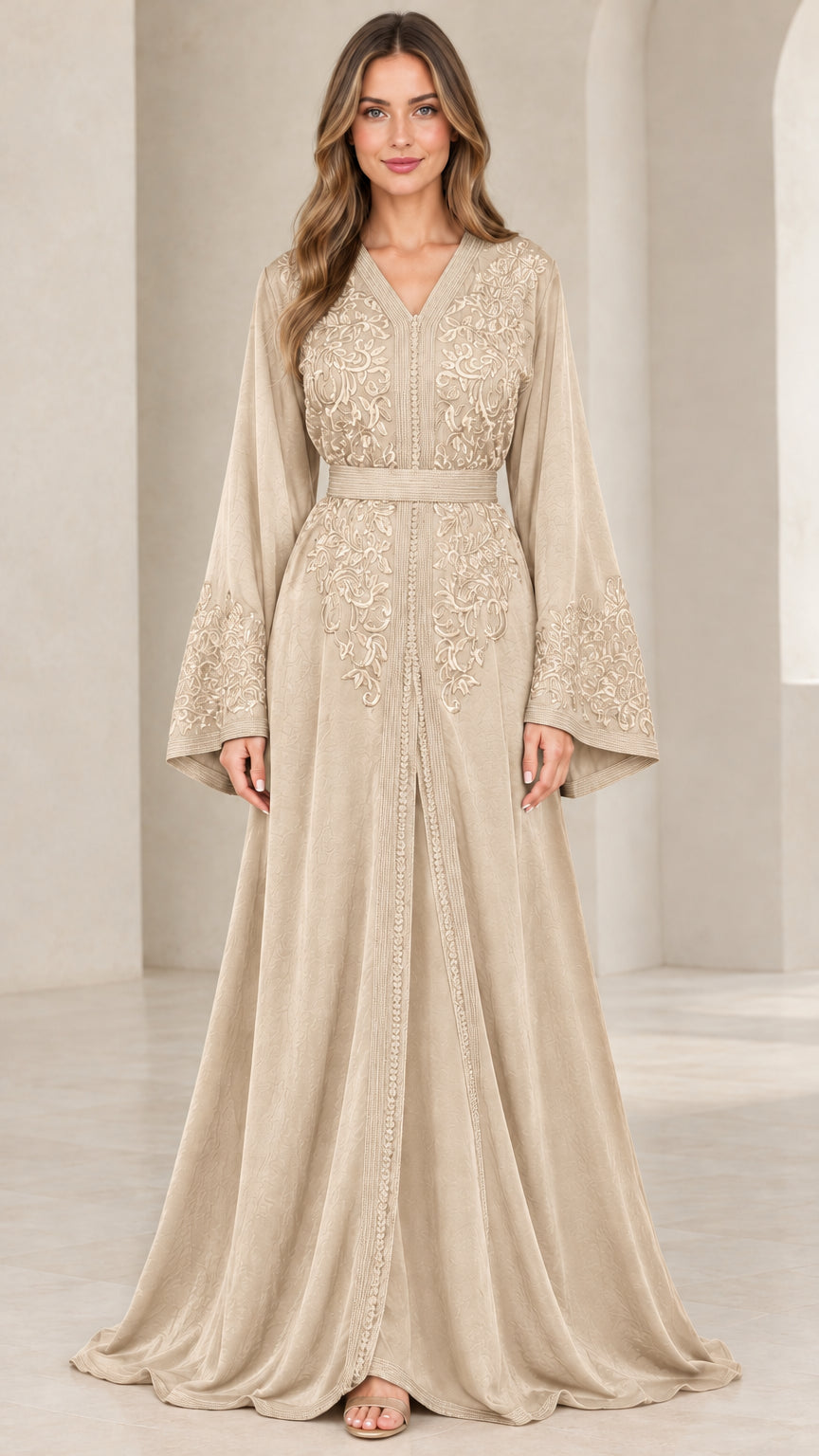 Champagne beige embroidered bell sleeve kaftan maxi dress front view