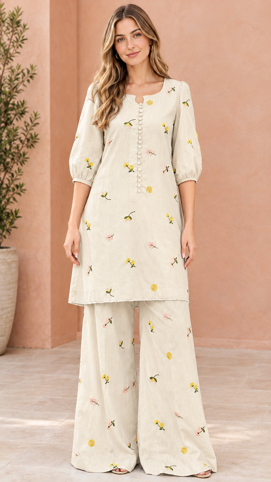 Beige cream embroidered tunic top and matching flowing palazzo pants
