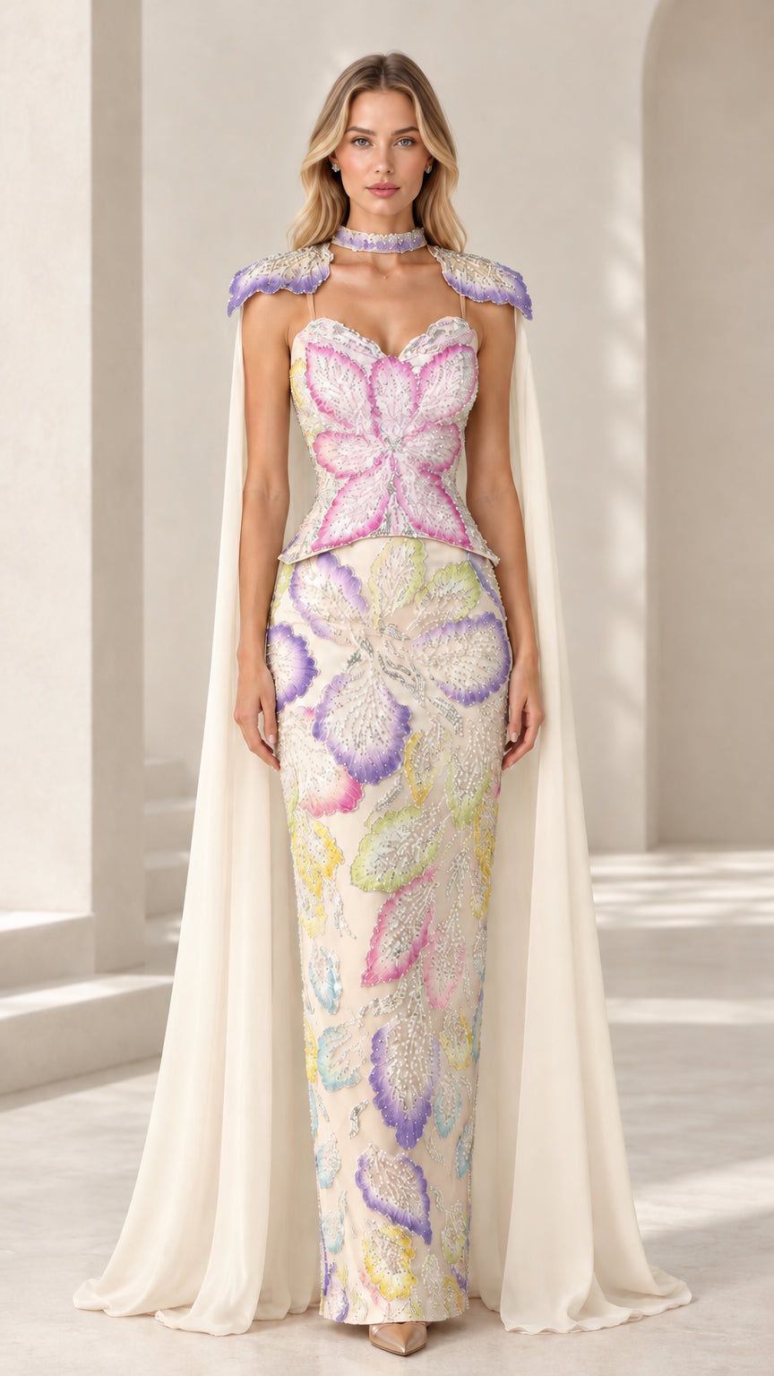 Ivory white embellished evening dress with sweeping ivory chiffon cape
