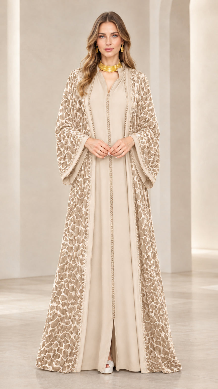 Champagne beige burnout velvet occasion abaya maxi gown