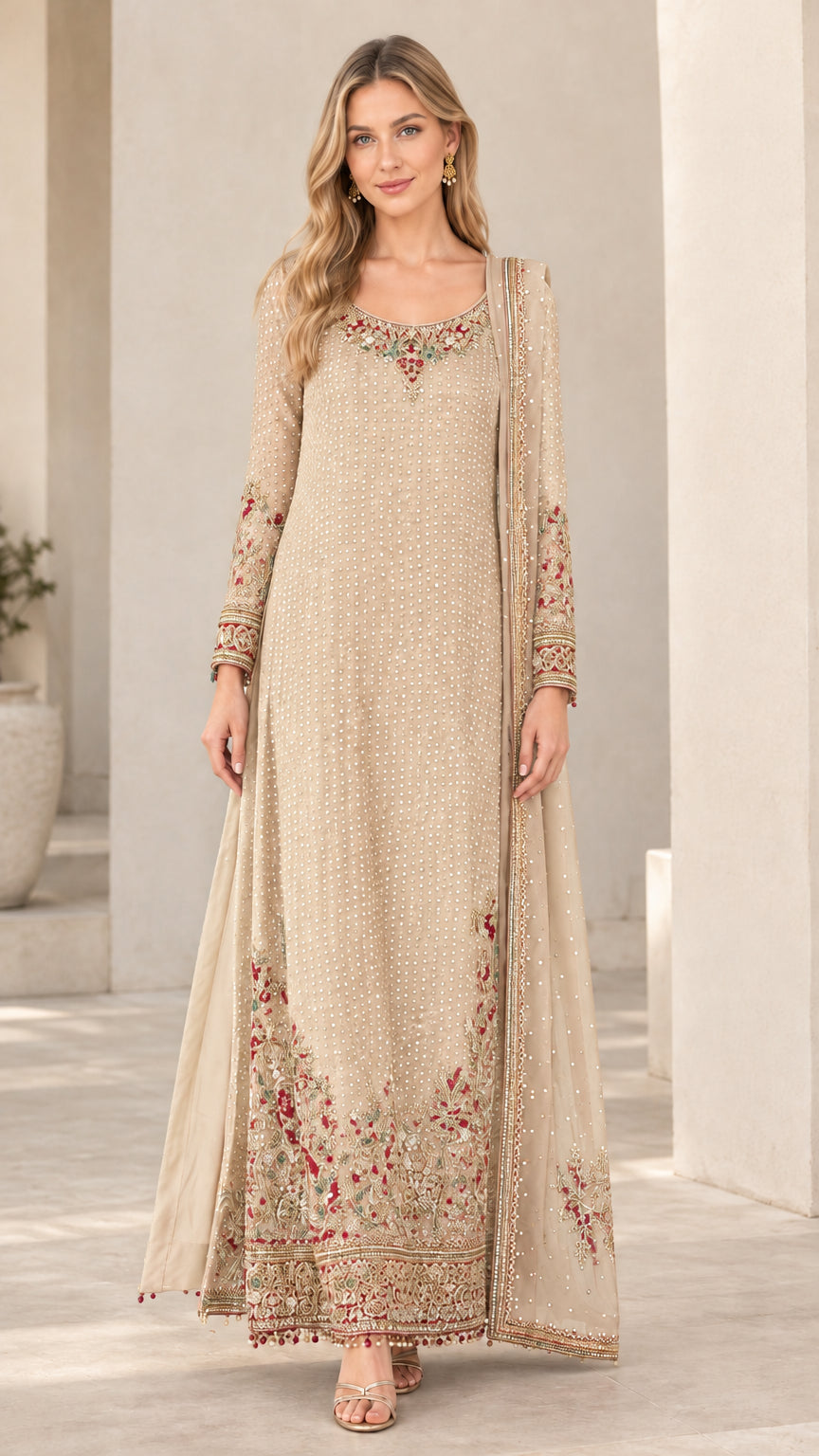 Full front view of champagne beige embroidered evening maxi dress