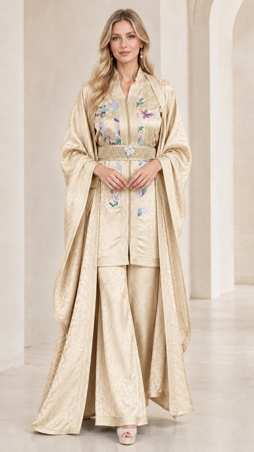 Front view of model wearing Champagne gold 3-piece embroidered kaftan pant set