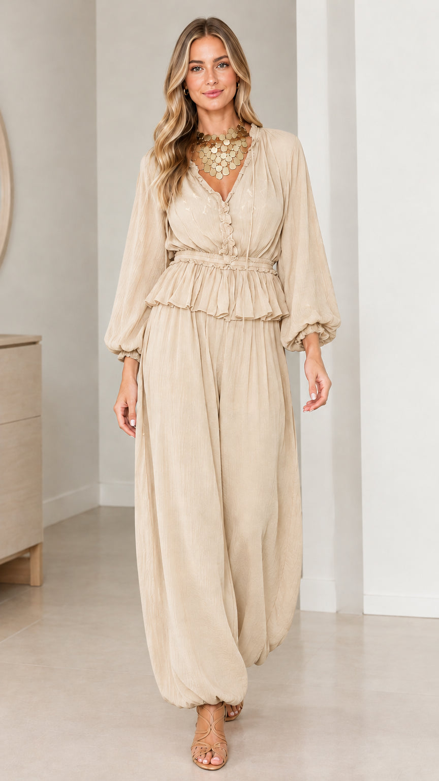Model wearing Beige neutral smocked top and relaxed pants co-ord set