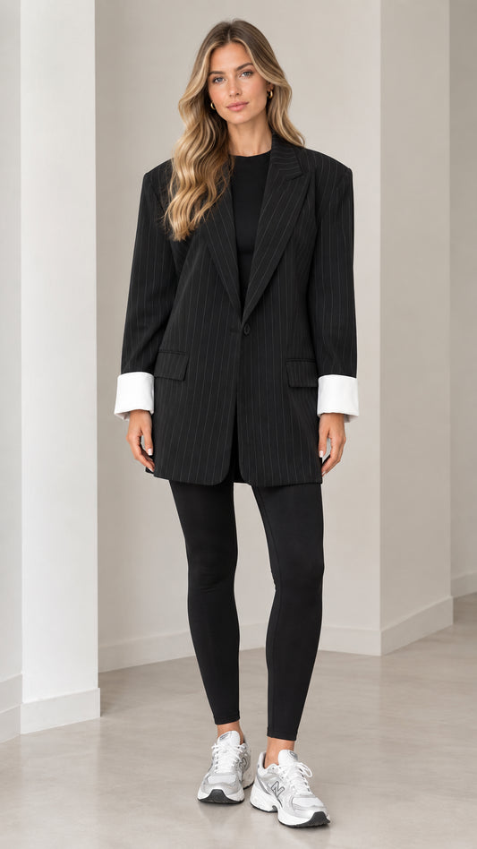 Front full-length view of model wearing black oversized pinstripe blazer with white contrast cuffs