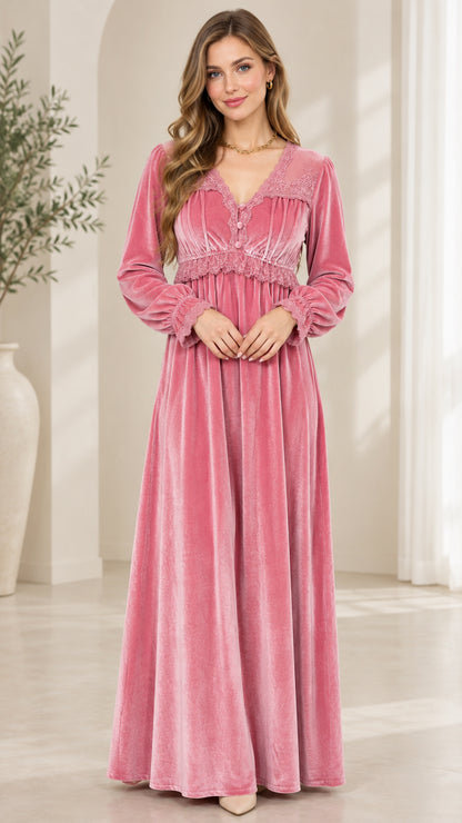 Front view of model wearing dusty pink lace trim velvet maxi dress