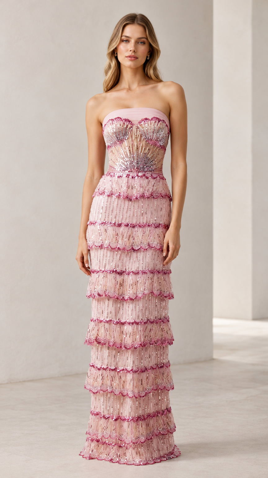 Front full view of woman wearing strapless blush pink beaded tiered column evening gown