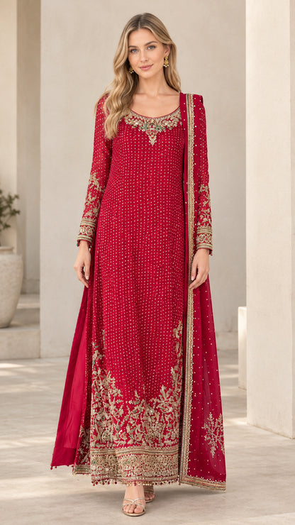 Full front view of model wearing ruby red embroidered long sleeve maxi dress with matching scarf