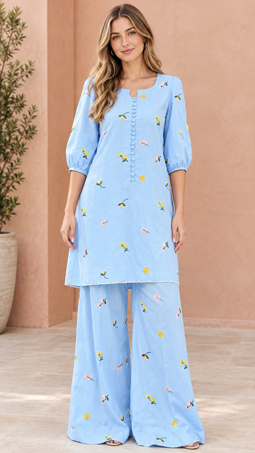 Women's sky blue floral embroidered tunic top and wide-leg palazzo pant set front view