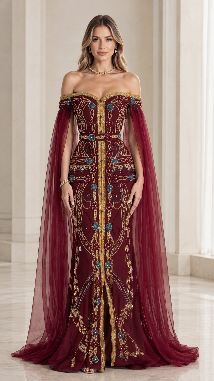 Front view of woman wearing burgundy off-the-shoulder embroidered evening gown with dramatic cape sleeves