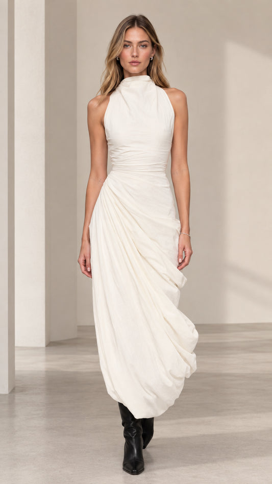 Front view of model wearing ivory sleeveless high neck ruched draped maxi dress