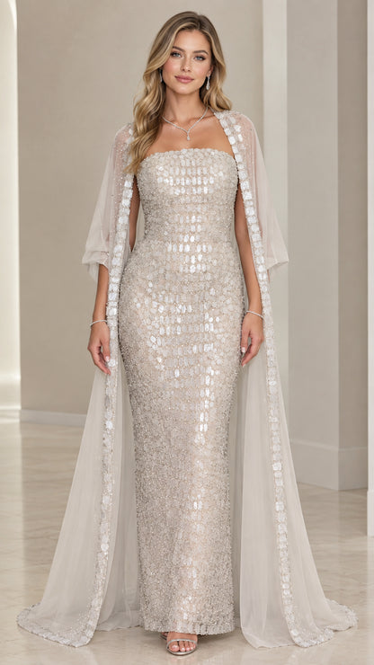 Champagne strapless sequin column gown with sheer matching cape front view