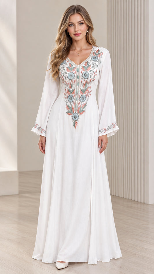 White embroidered V-neck bell sleeve maxi dress front view