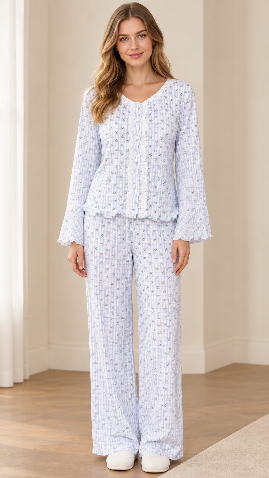 Front view of model wearing Light Blue floral lace-trim pajama set with wide leg pants