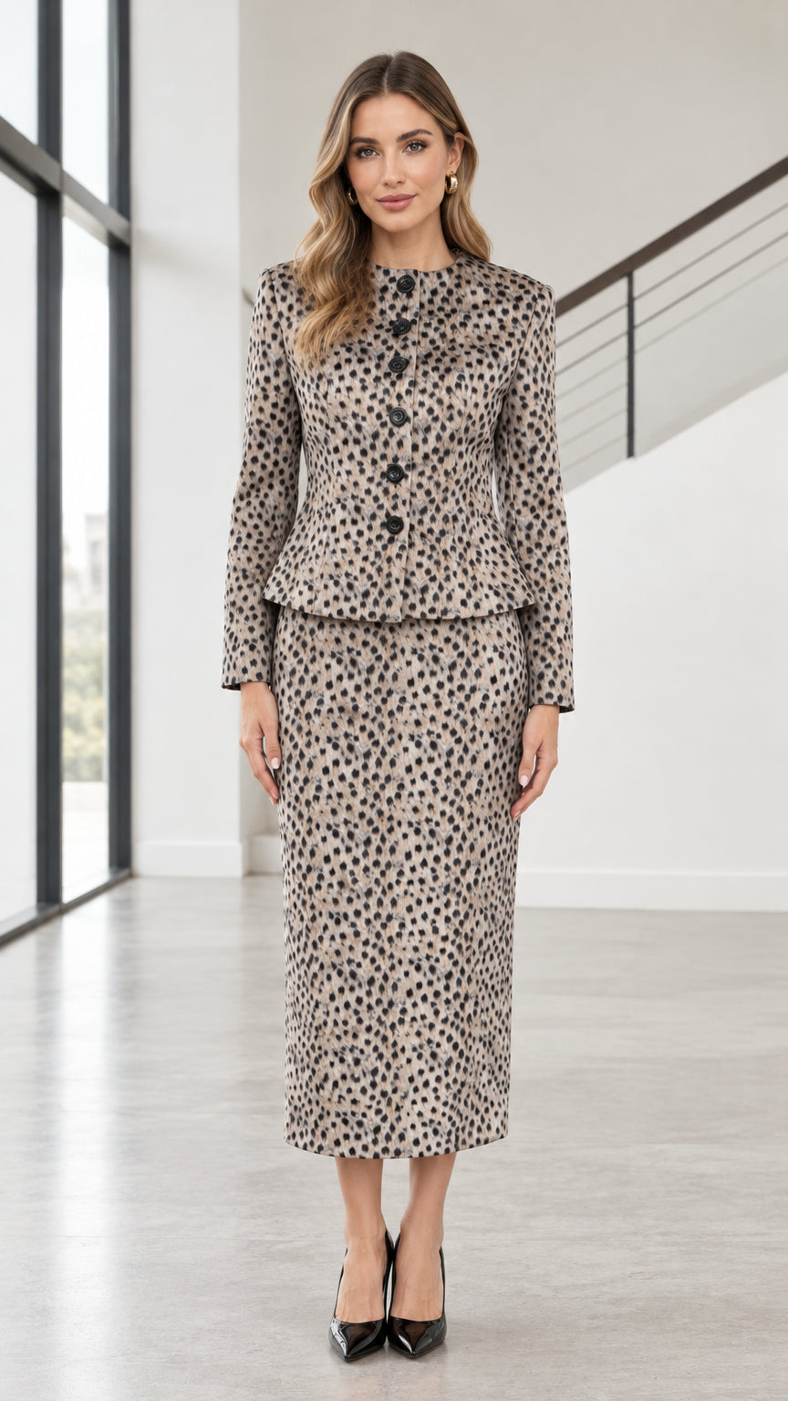 Full front view of model wearing taupe animal print two-piece skirt suit set