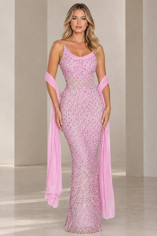 Pink rhinestone embellished mermaid evening gown with matching shawl front view