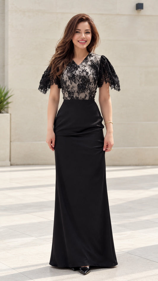 Front view of model wearing black floral lace flutter sleeve maxi evening gown