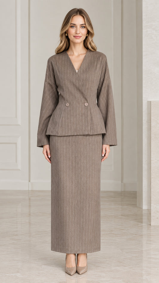 Taupe pinstripe two-piece suit set with peplum blazer and maxi skirt front view