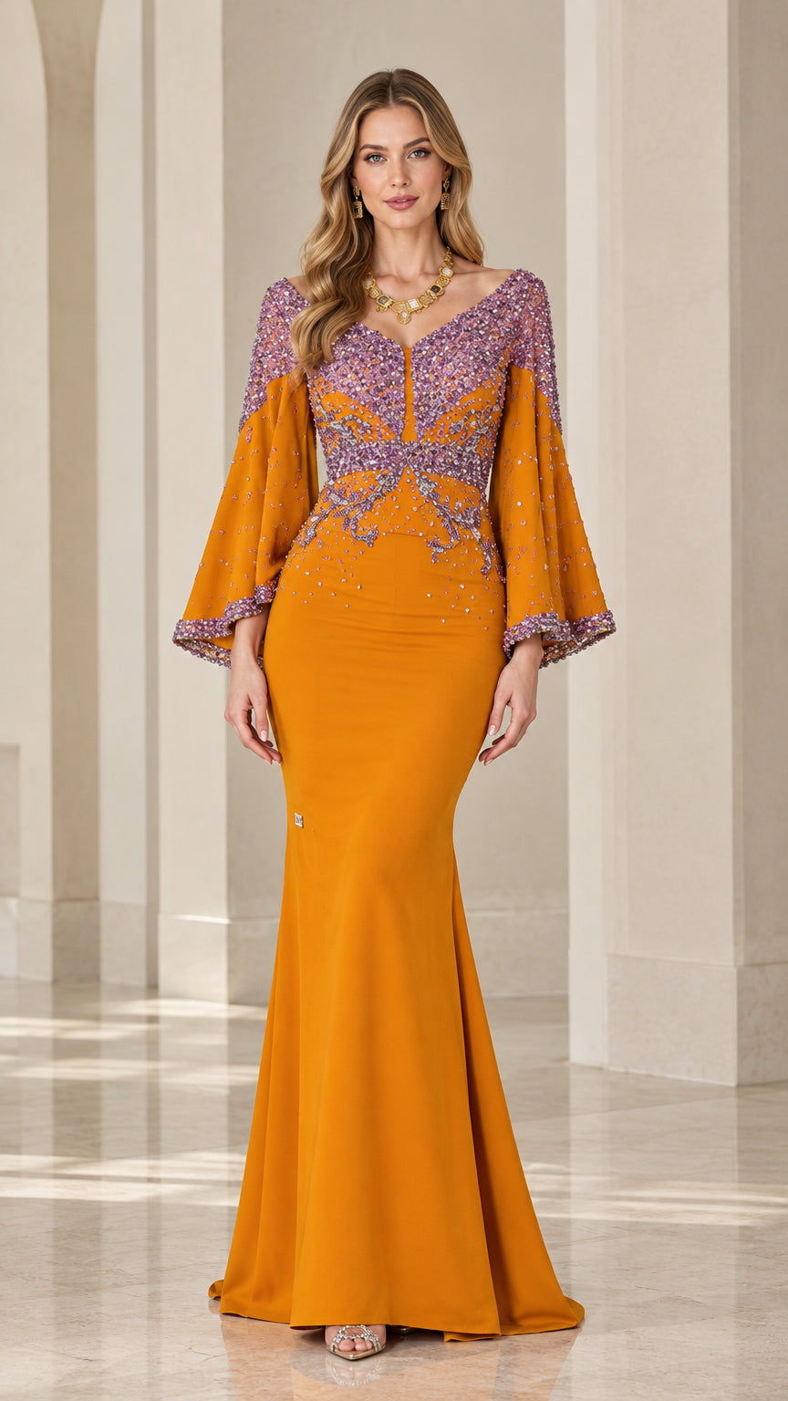 Marigold yellow embellished mermaid evening gown front view with bell sleeves