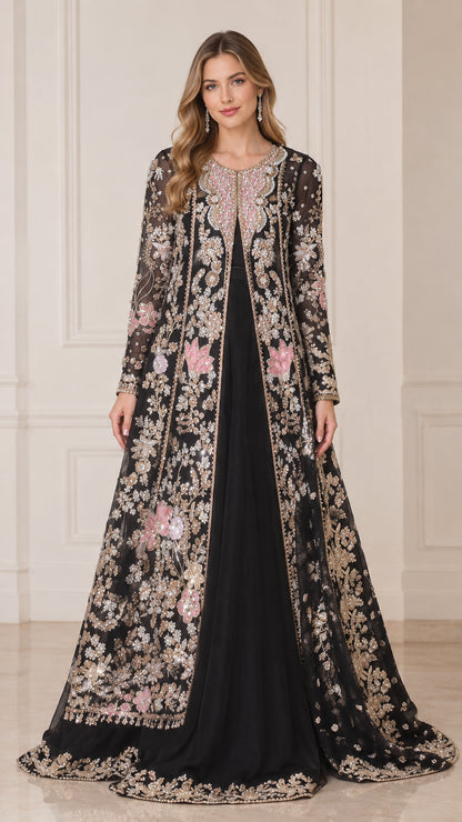 Front full view of black floral embroidered beaded maxi jacket evening dress set