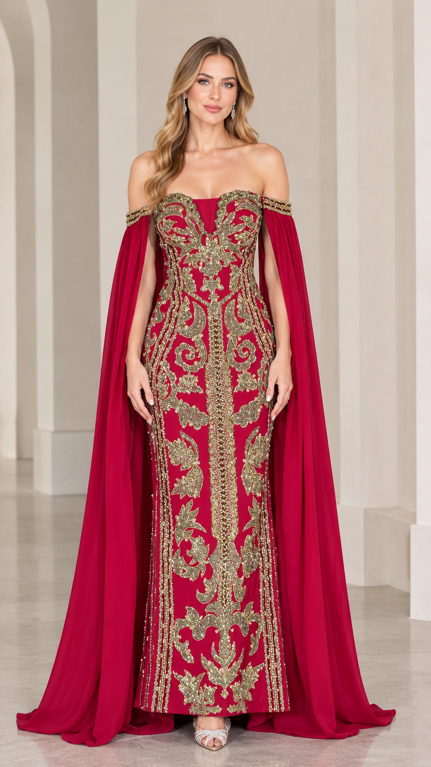 Front view of burgundy off-the-shoulder evening gown with gold embroidery and sheer cape sleeves