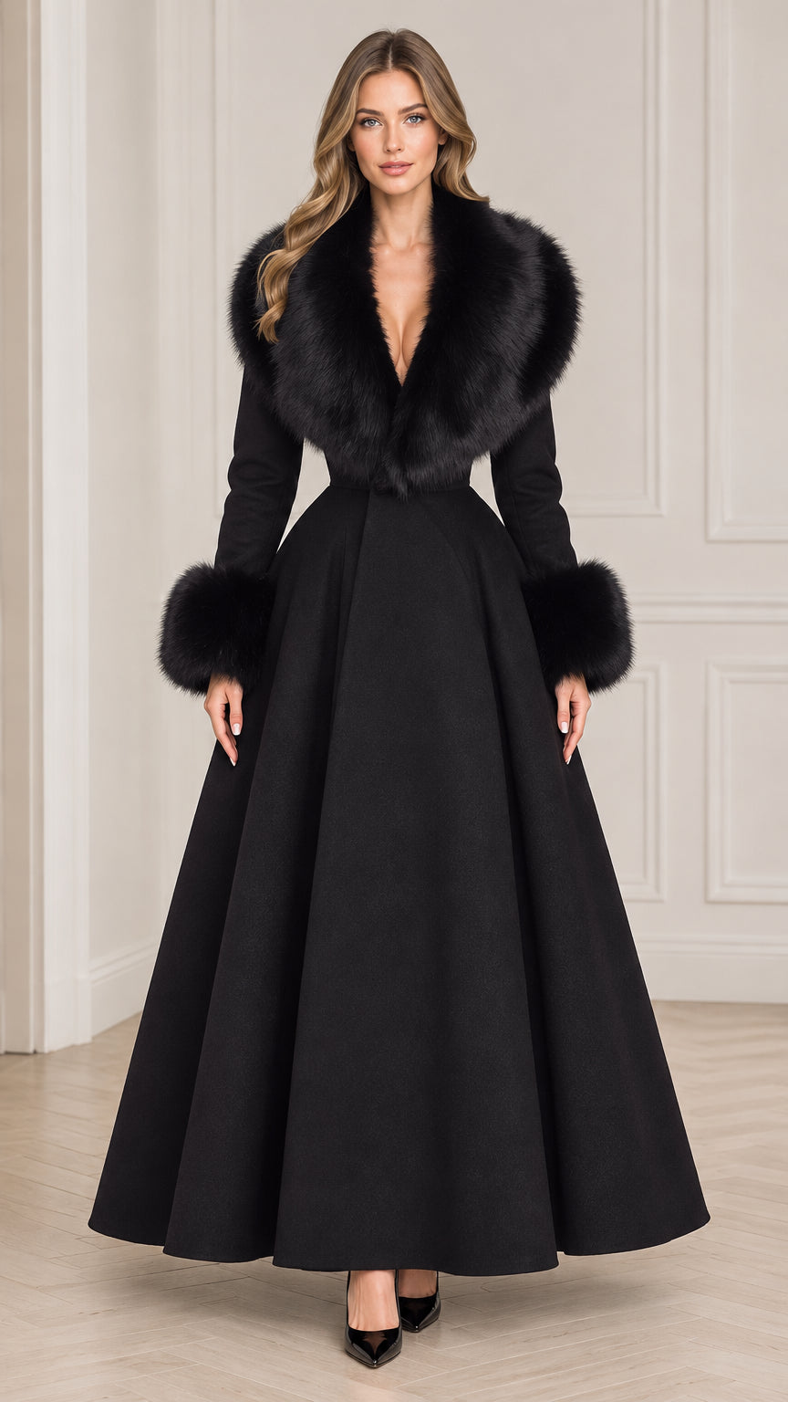 Model wearing long black faux fur collar maxi coat front view