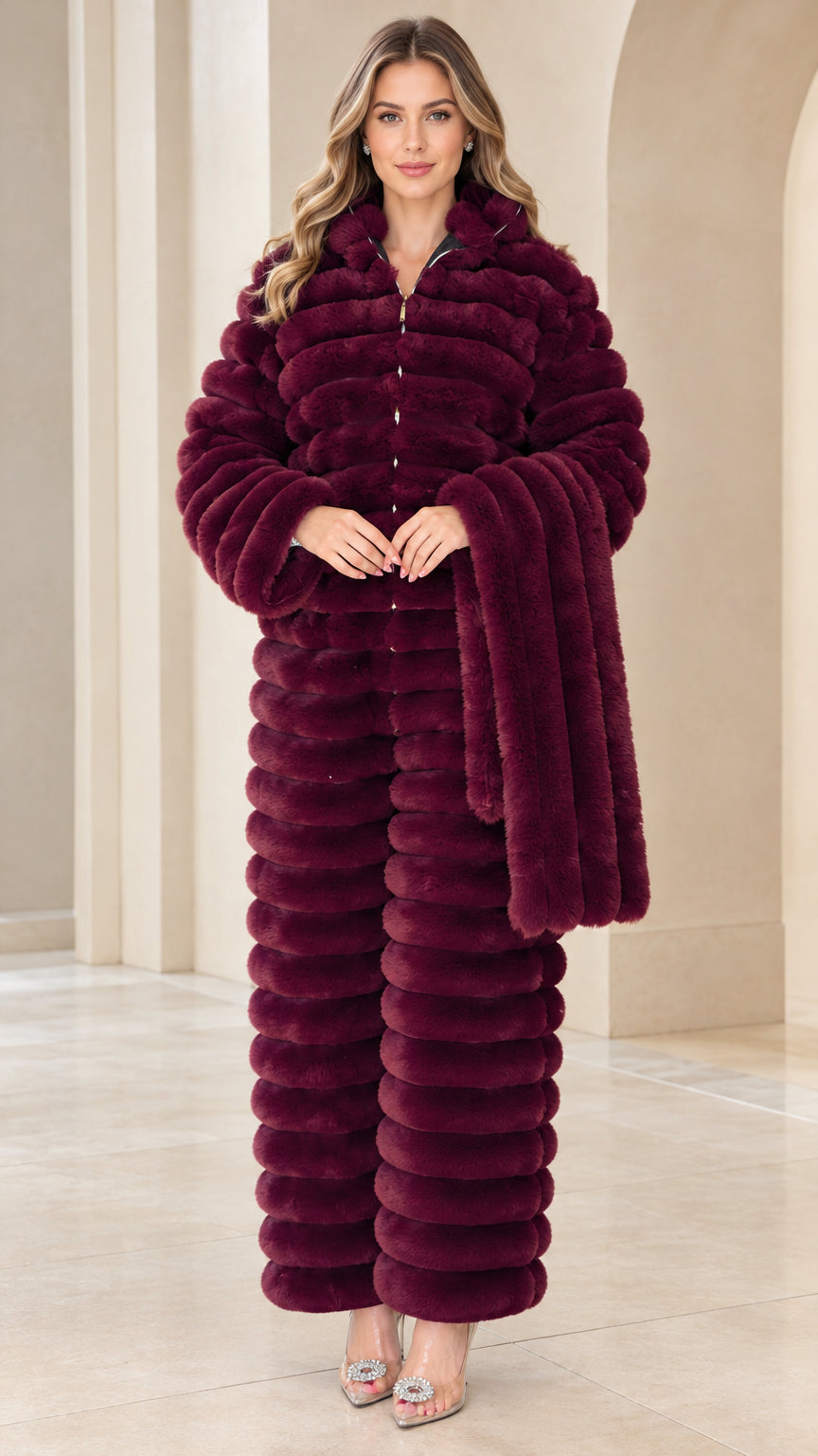 Front view of woman wearing burgundy ribbed faux fur jumpsuit with matching scarf