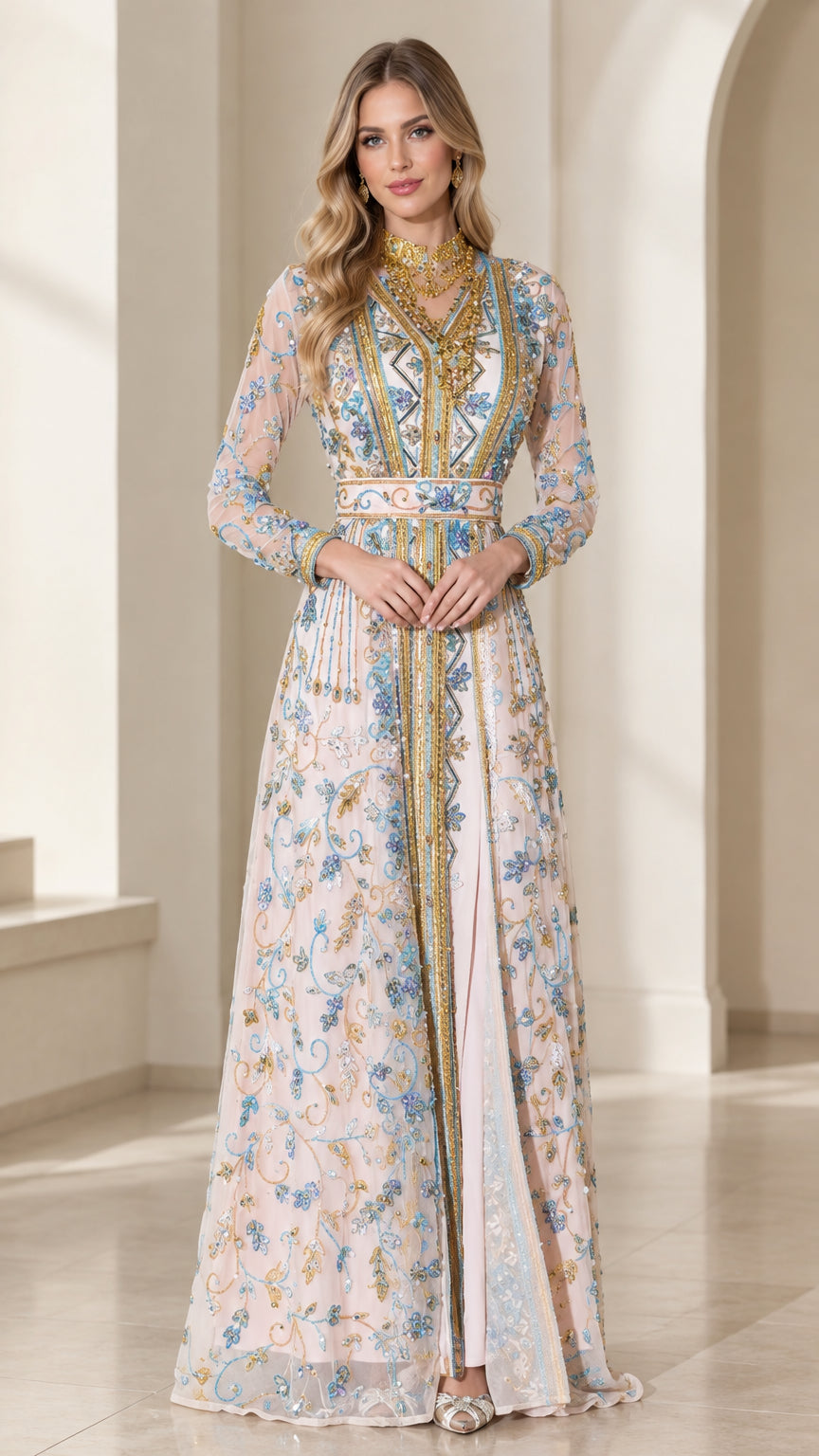 Front full-length view of woman wearing blush pink embroidered caftan gown with gold belt