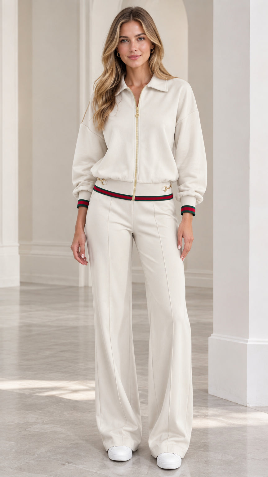 Full front view of women's cream collared zip-up tracksuit set with wide-leg pants