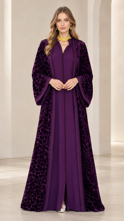Women's deep purple burnout velvet abaya maxi dress front view