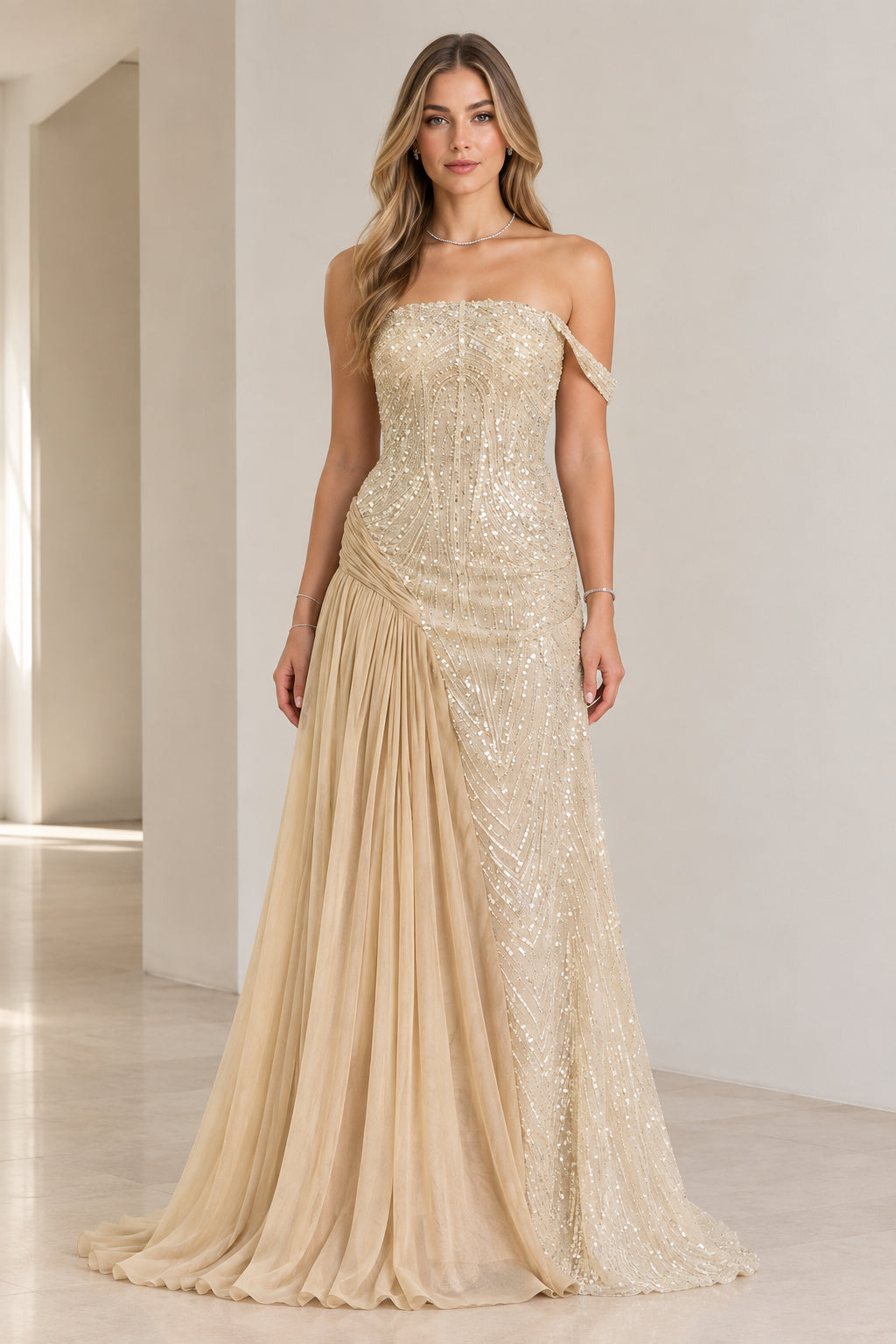 Champagne sequined off-the-shoulder evening gown with pleated side drape front view