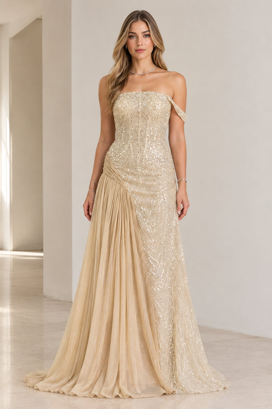 Champagne sequined off-the-shoulder evening gown with pleated side drape front view
