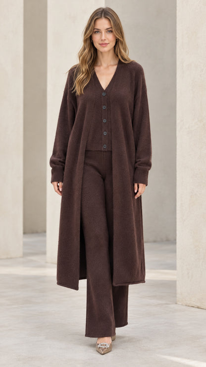 Front full-length view of model wearing chocolate brown 3-piece knit cardigan and pants set