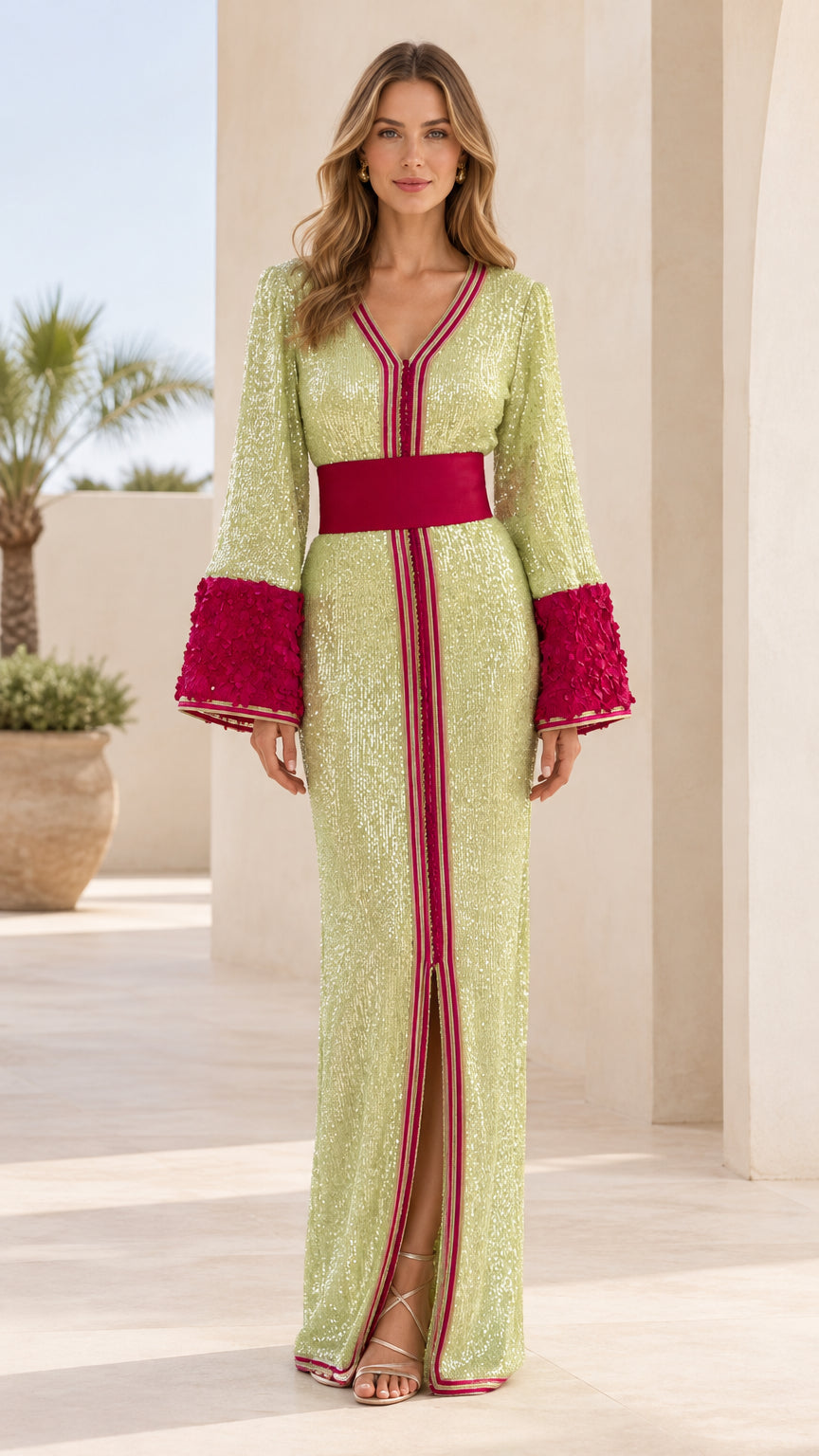 Full front view of lime green sequin kaftan maxi dress with magenta waist trim and textured bell sleeves