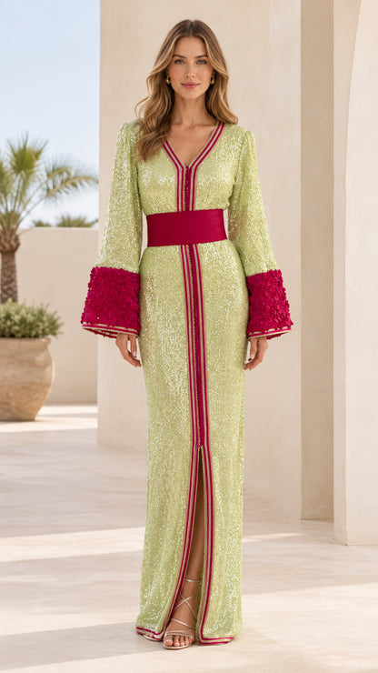 Full front view of lime green sequin kaftan maxi dress with magenta waist trim and textured bell sleeves