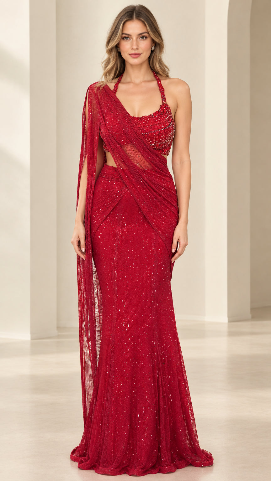 Model wearing red sequin beaded halter evening gown with draped sash front view
