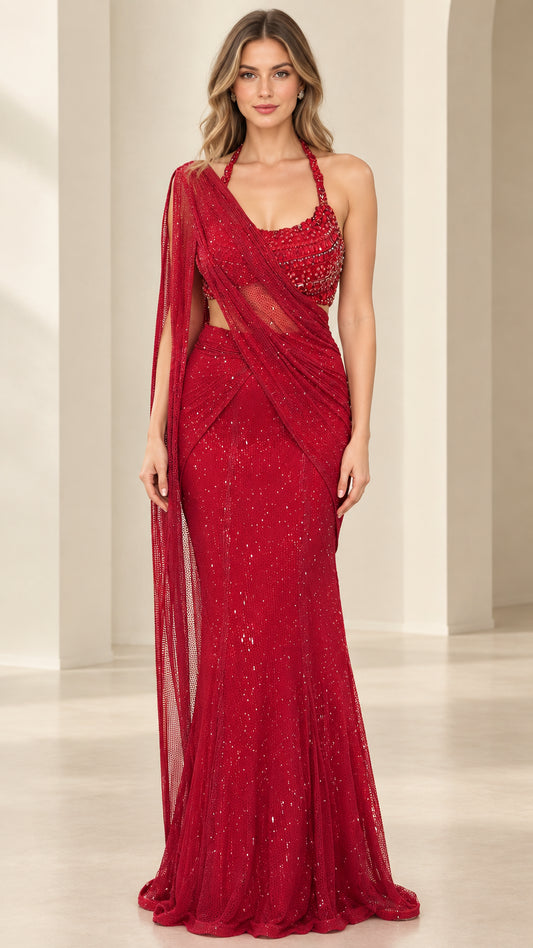 Model wearing red sequin beaded halter evening gown with draped sash front view