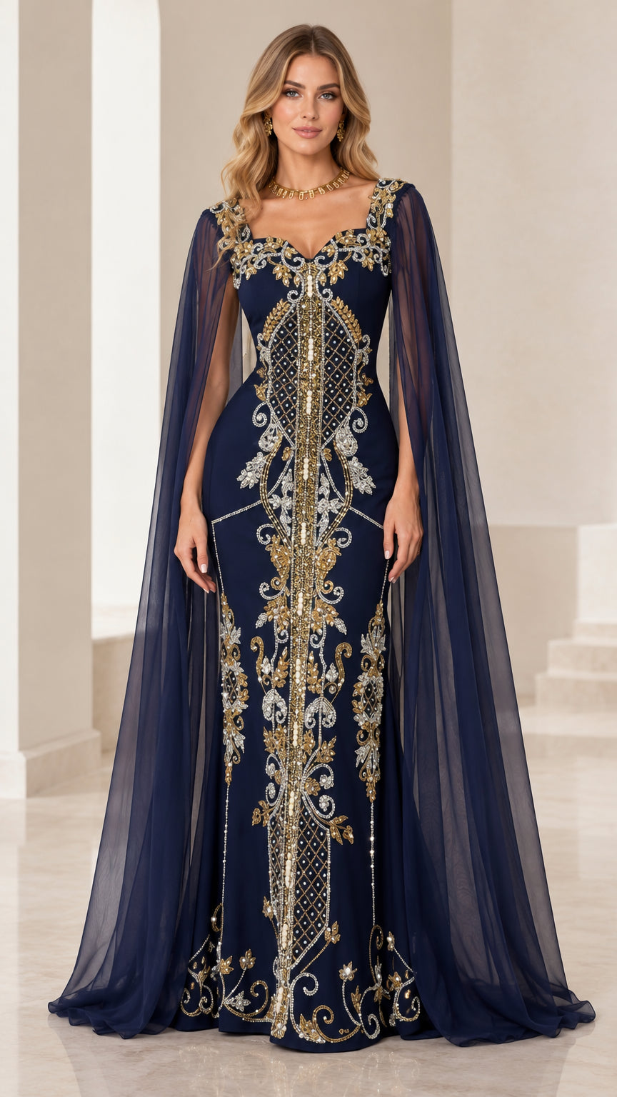 Navy blue embroidered cape sleeve evening gown front view